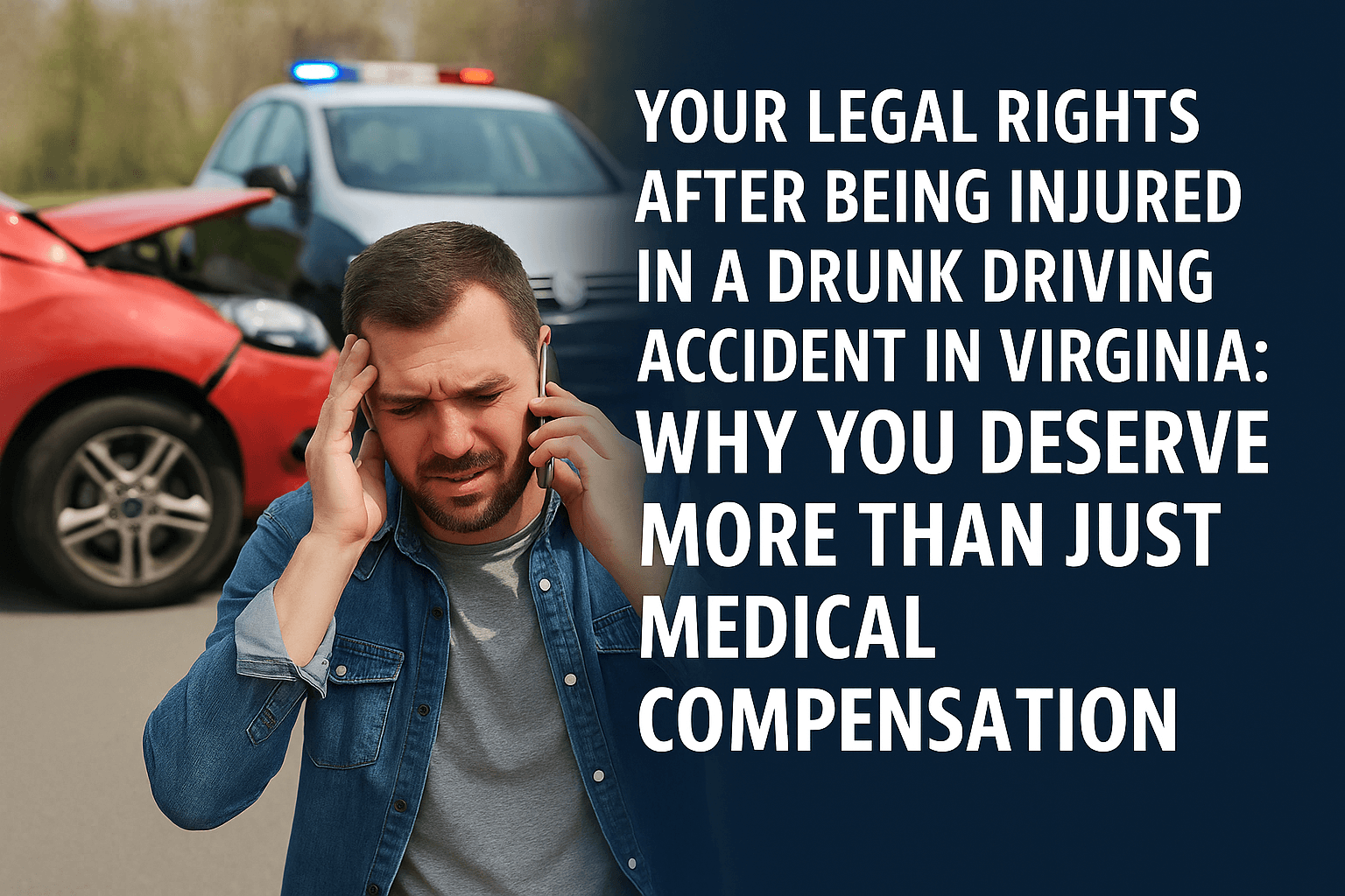 A distressed man holds his head while on the phone in front of a car accident scene with police lights flashing.